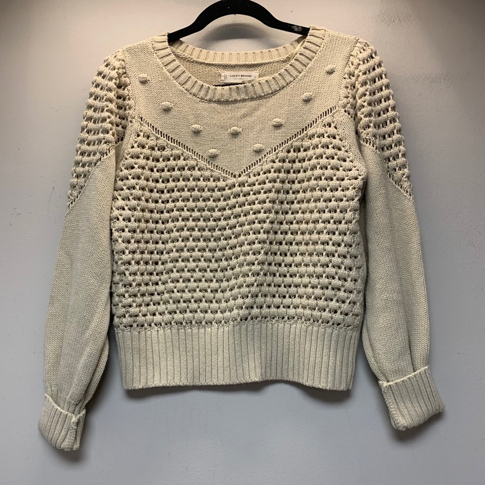 Lucky Brand Sweater Womens Small Cream Excellent Bobble Pointelle Open Knit Boho
